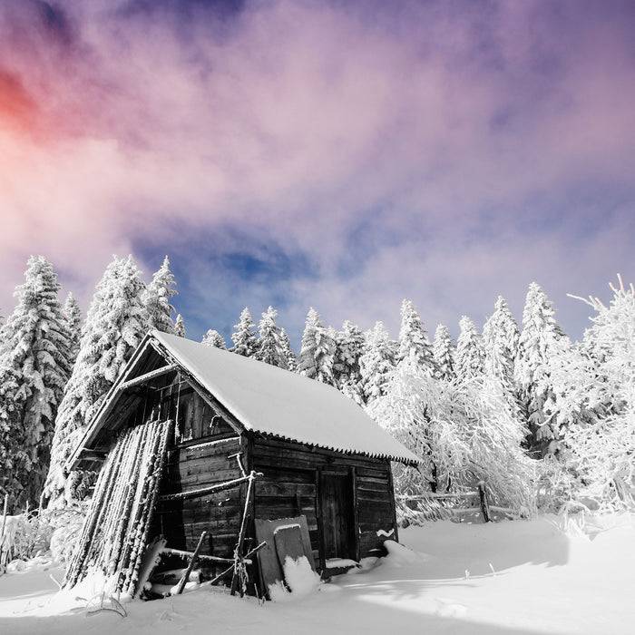 Pixxprint Holzhütte im Schnee, Glasbild Quadratisch Angebote