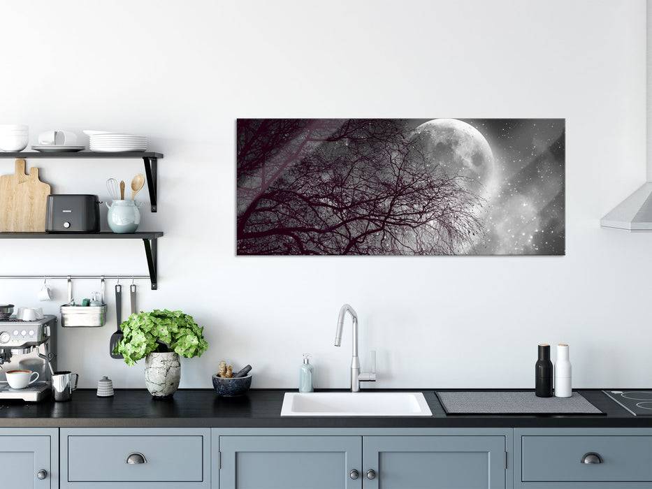 Pixxprint Winterbaum vor Vollmondnacht B&W Detail, Glasbild Panorama im Angebot