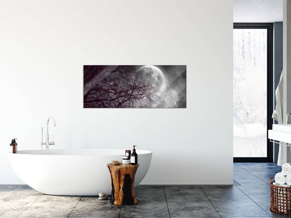 Pixxprint Winterbaum vor Vollmondnacht B&W Detail, Glasbild Panorama im Angebot