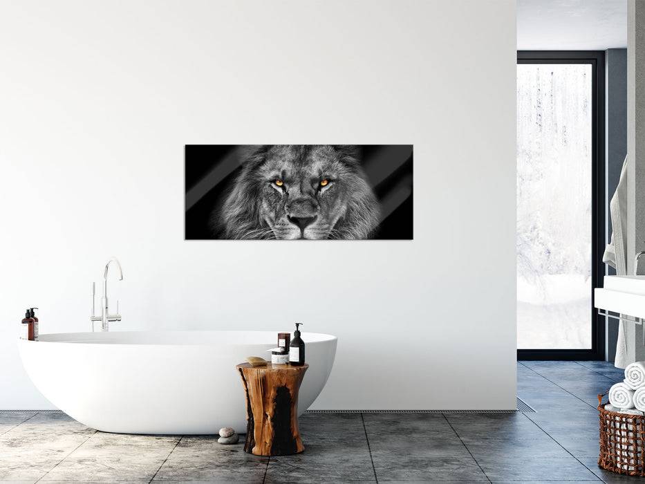 Pixxprint Mächtiger Löwe mit gelben Augen B&W Detail, Glasbild Panorama Schlussverkauf