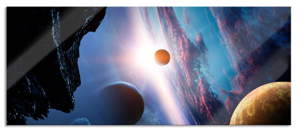 Pixxprint Abstrakte Planeten im Weltraum, Glasbild Panorama