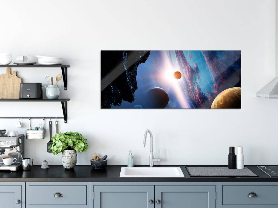 Pixxprint Abstrakte Planeten im Weltraum, Glasbild Panorama Fabrikverkauf