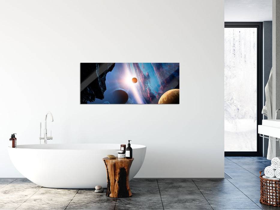 Pixxprint Abstrakte Planeten im Weltraum, Glasbild Panorama Fabrikverkauf