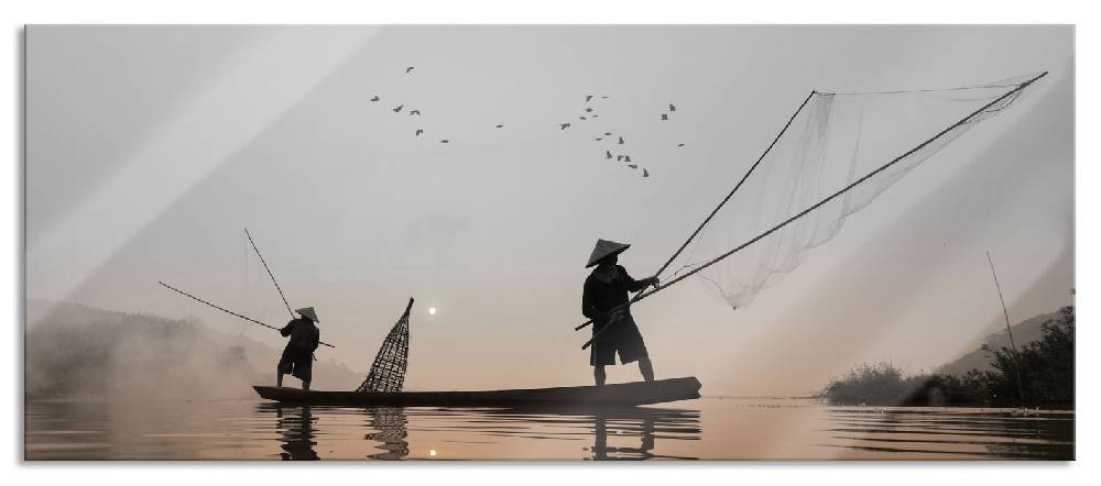 Pixxprint Fischer beim Angeln in Thailand, Glasbild Panorama