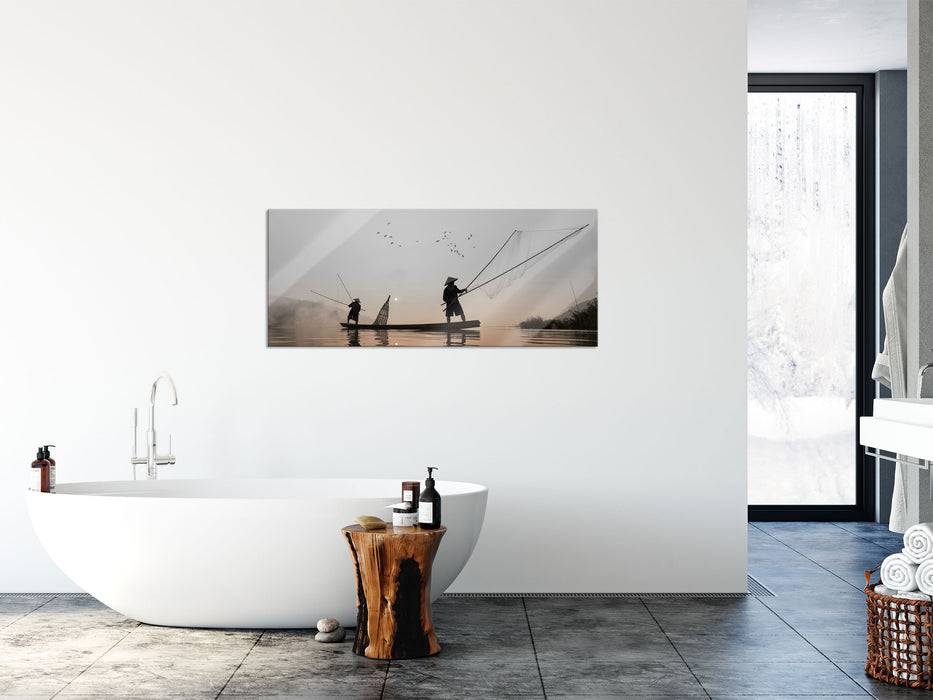 Pixxprint Fischer beim Angeln in Thailand, Glasbild Panorama Kostenloser Versand