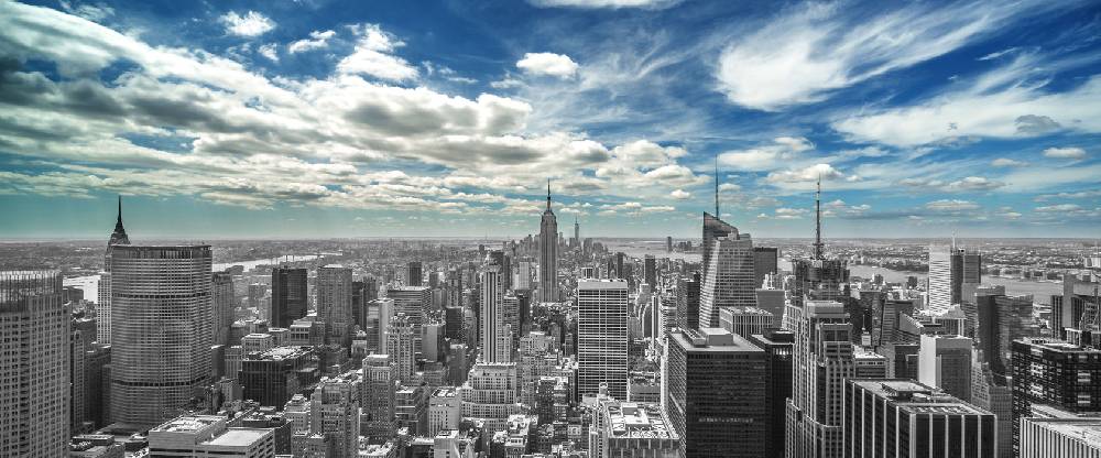 Pixxprint New York unter bewölktem Himmel, Glasbild Panorama Großer Ausverkauf