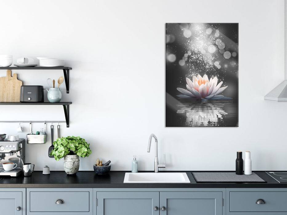 Pixxprint Magische Lotusblüte mit Glitzerstaub B&W Detail, Glasbild Begrenztes Angebot