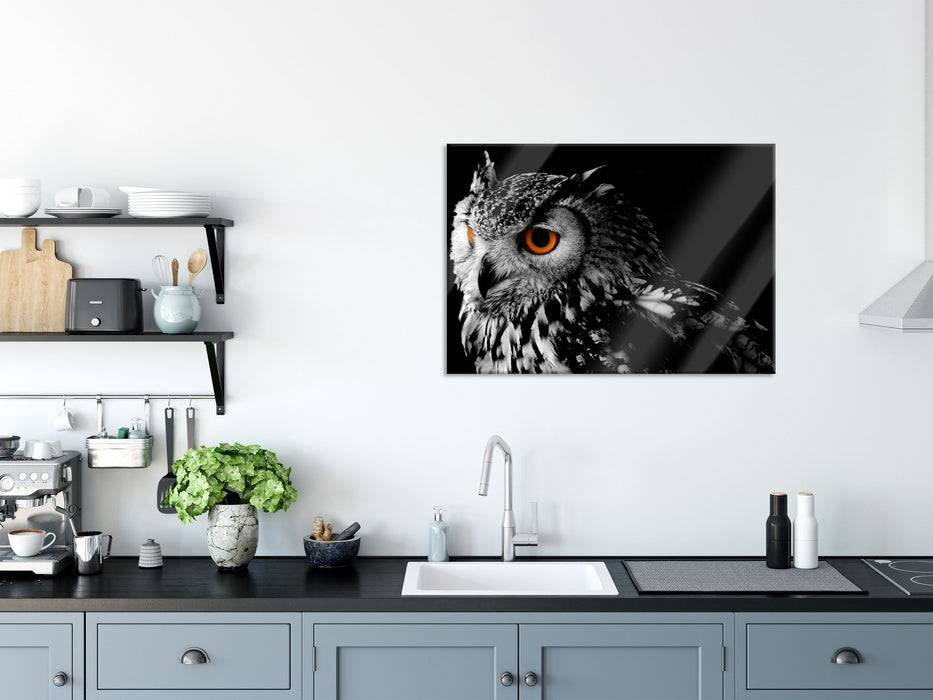 Pixxprint Dark Eule mit orangen Augen, Glasbild Black Friday