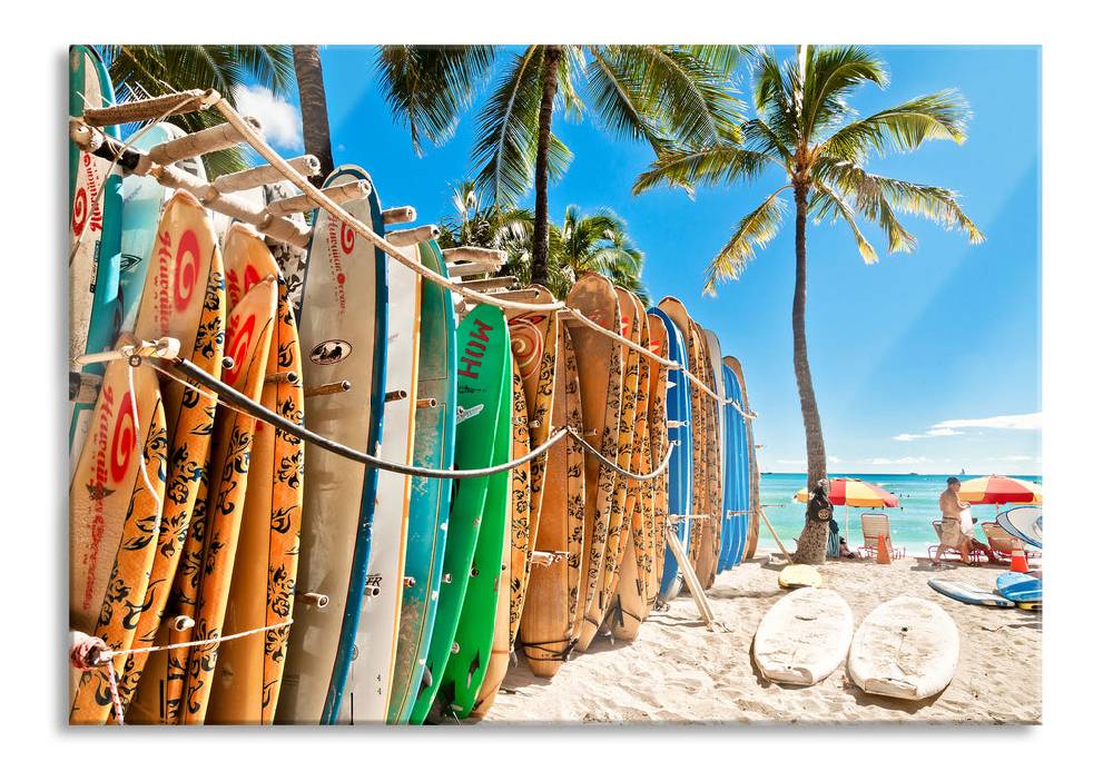 Pixxprint Surfboards am Strand, Glasbild