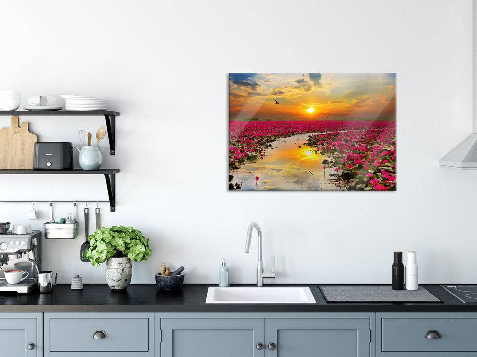 Pixxprint Lotusblüten am See, Glasbild Lagerräumung
