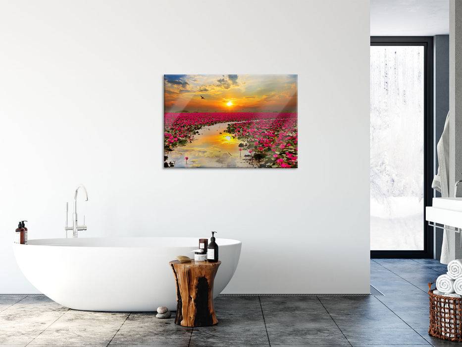 Pixxprint Lotusblüten am See, Glasbild Lagerräumung