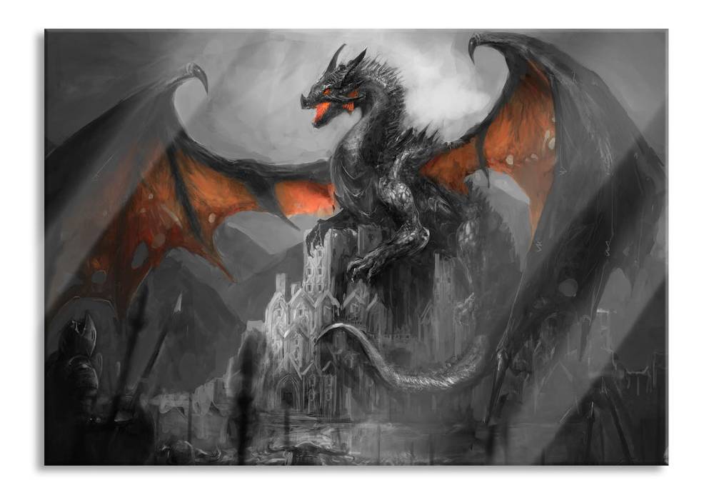 Pixxprint Drache schützend über Burg, Glasbild