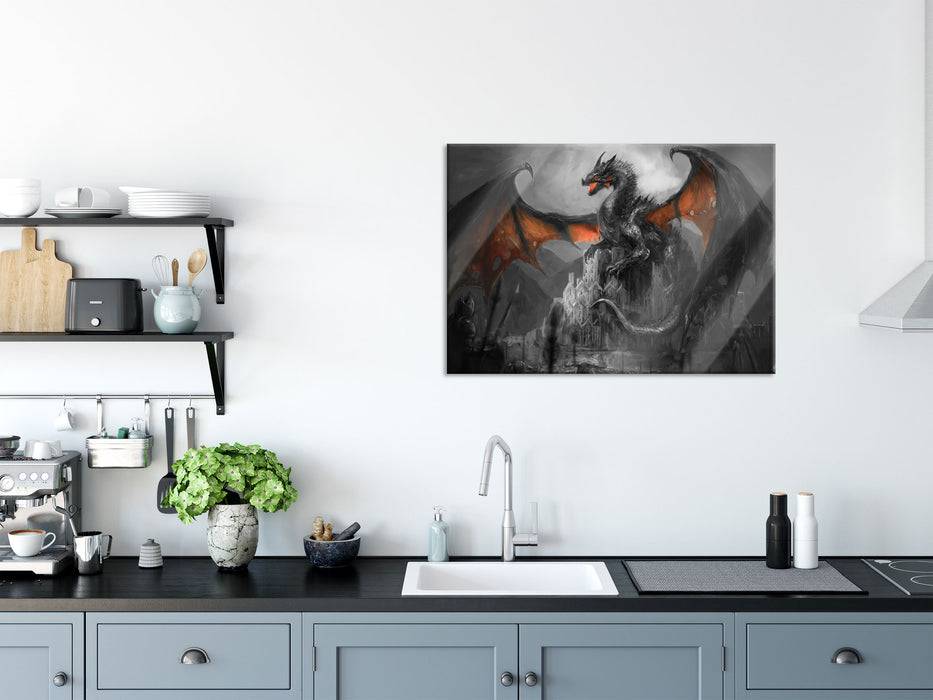 Pixxprint Drache schützend über Burg, Glasbild Heißer Verkauf