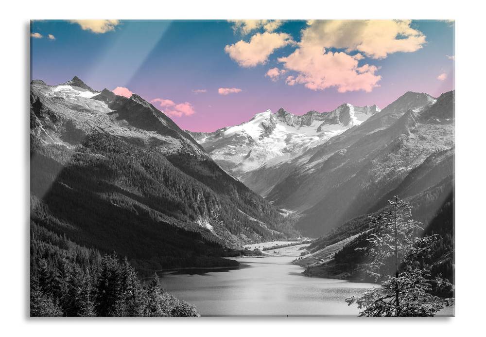 Pixxprint ruhiger See in Berglandschaft, Glasbild