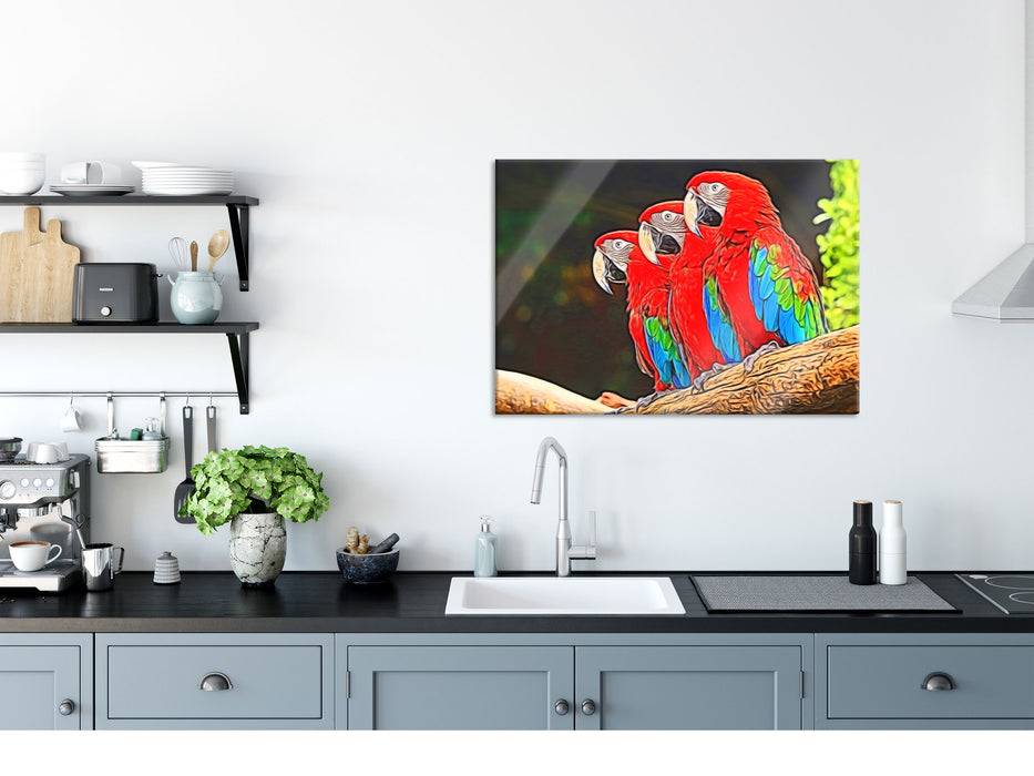 Pixxprint Bunte Papageien auf Ast, Glasbild Neuheiten