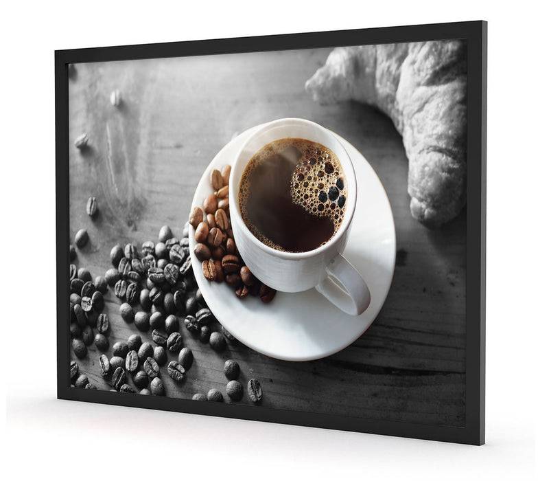 Pixxprint Tasse Kaffee mit Bohnen und Croissant B&W Detail, Poster mit Bilderrahmen Kostenlose Rückgabe