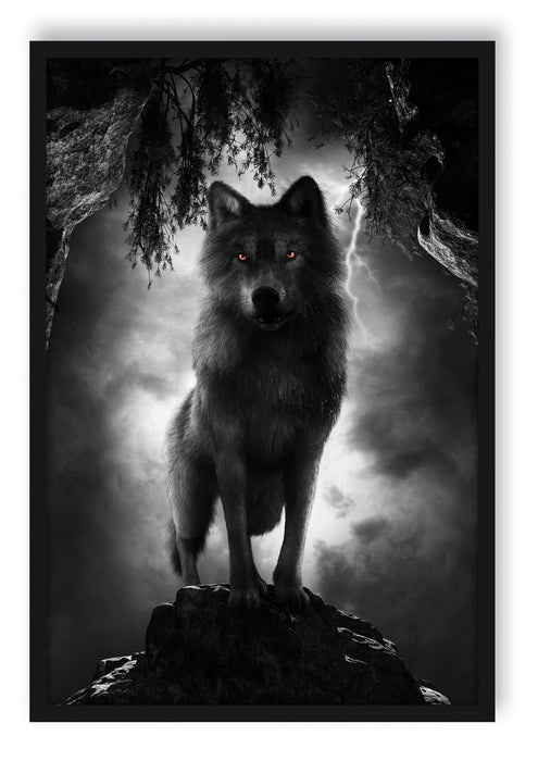 Pixxprint Böser Wolf bei Gewitter im Höhleneingang B&W Detail, Poster mit Bilderrahmen