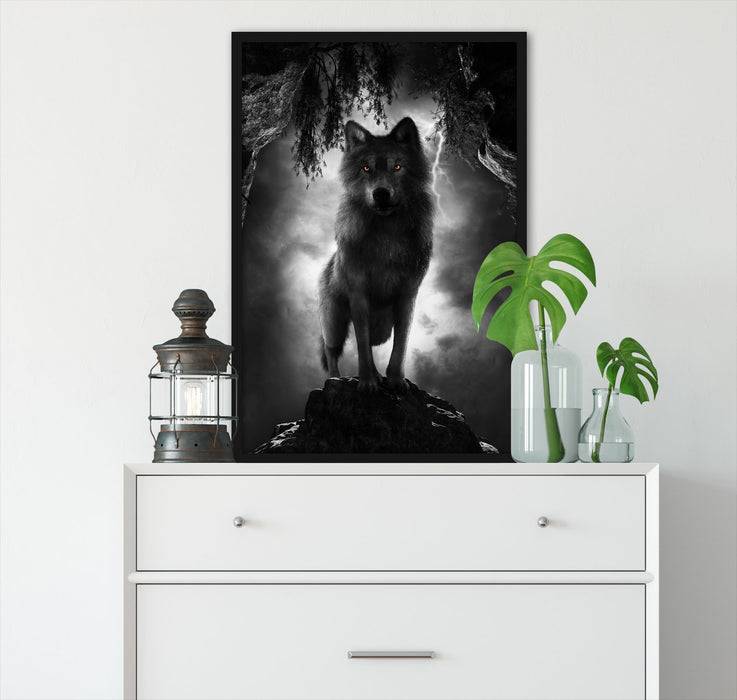Pixxprint Böser Wolf bei Gewitter im Höhleneingang B&W Detail, Poster mit Bilderrahmen Begrenzte Freigabe
