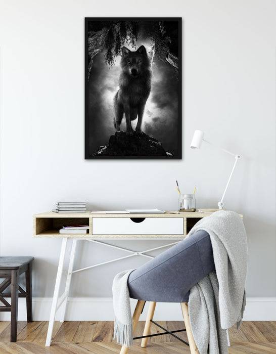Pixxprint Böser Wolf bei Gewitter im Höhleneingang B&W Detail, Poster mit Bilderrahmen Begrenzte Freigabe