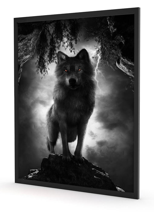 Pixxprint Böser Wolf bei Gewitter im Höhleneingang B&W Detail, Poster mit Bilderrahmen Begrenzte Freigabe