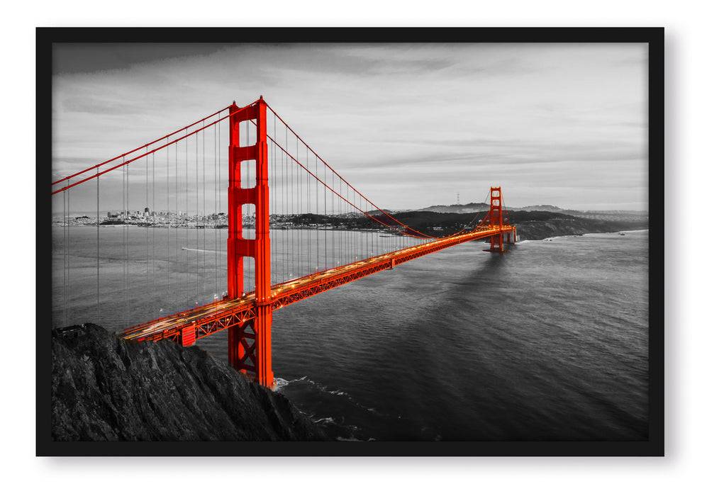 Pixxprint Golden Gate Bridge bei Sonnenuntergang B&W Detail, Poster mit Bilderrahmen
