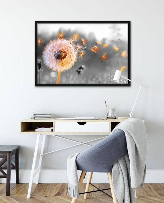 Pixxprint Nahaufnahme Pusteblume Sonnenuntergang B&W Detail, Poster mit Bilderrahmen Letzter Tag