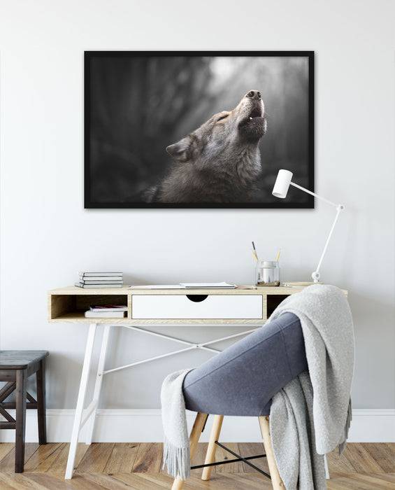 Pixxprint Heulender Wolf Nahaufnahme B&W Detail, Poster mit Bilderrahmen Bis zu 60% Rabatt