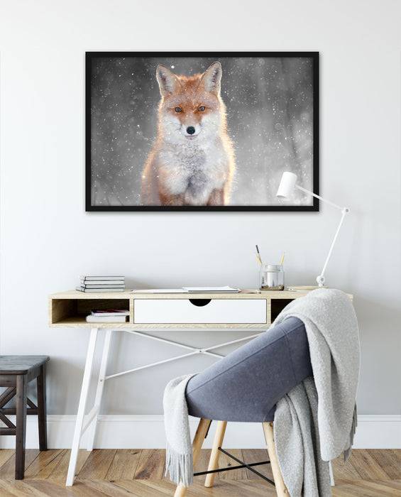 Pixxprint Roter Fuchs im Winter B&W Detail, Poster mit Bilderrahmen Vierteljährliche Förderung