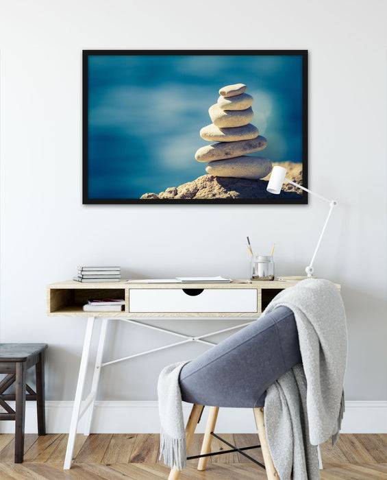 Pixxprint Steinpyramide am Strand, Poster mit Bilderrahmen Clearance-Verkauf