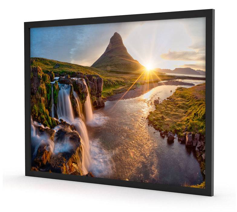 Pixxprint Wasserfall in Isalnd bei Sonnenuntergang, Poster mit Bilderrahmen Kostenloser Versand international