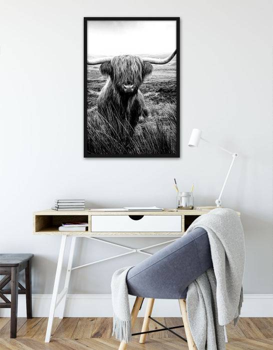 Pixxprint Highland Rind mit großen Hörnern Steppe, Monochrome, Poster mit Bilderrahmen Fabrikladen