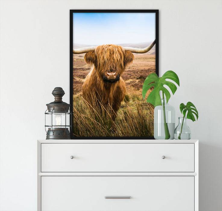Pixxprint Highland Rind mit großen Hörnern Steppe, Poster mit Bilderrahmen zollfrei