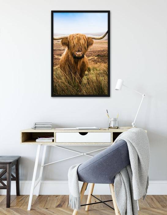 Pixxprint Highland Rind mit großen Hörnern Steppe, Poster mit Bilderrahmen zollfrei