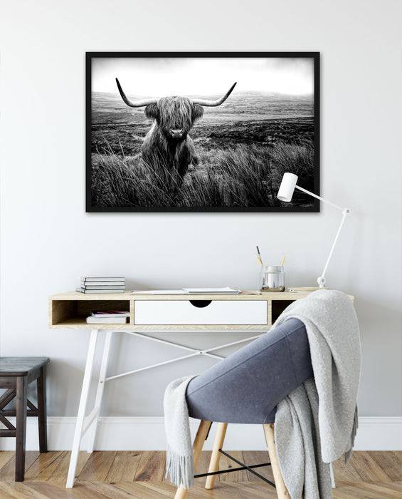 Pixxprint Highland Rind mit großen Hörnern Steppe, Monochrome, Poster mit Bilderrahmen Blitzverkäufe