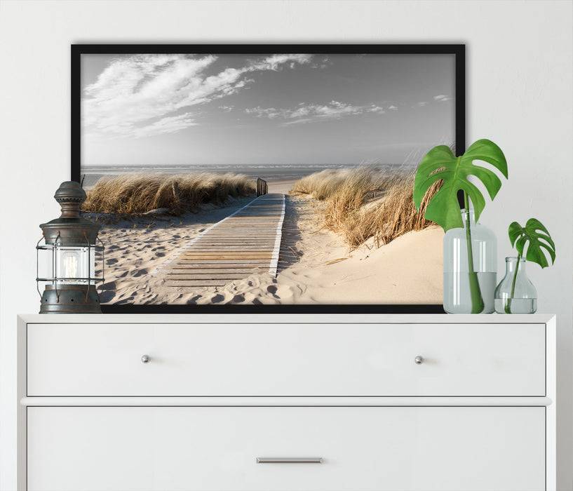 Pixxprint Weg zum Strand durch die Dünen B&W Detail, Poster mit Bilderrahmen Kostenloser Versand