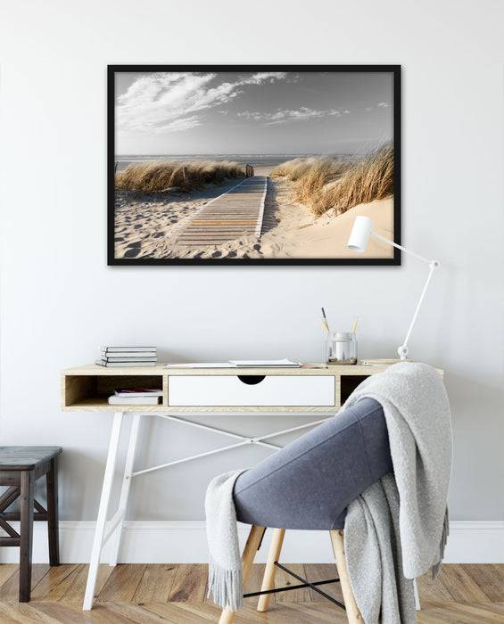 Pixxprint Weg zum Strand durch die Dünen B&W Detail, Poster mit Bilderrahmen Kostenloser Versand