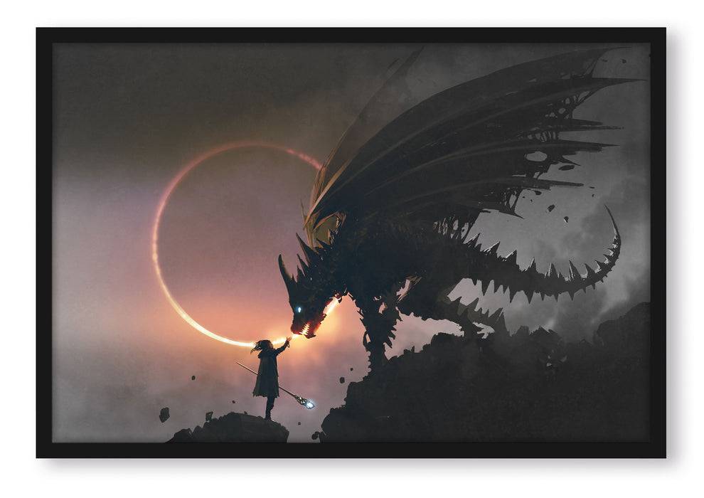 Pixxprint Zauberer und Drache bei Sonnenfinsternis B&W Detail, Poster mit Bilderrahmen