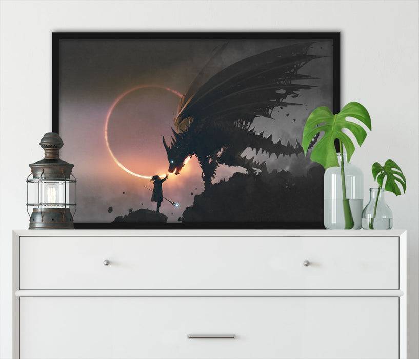 Pixxprint Zauberer und Drache bei Sonnenfinsternis B&W Detail, Poster mit Bilderrahmen Limitierter Zeitrabatt