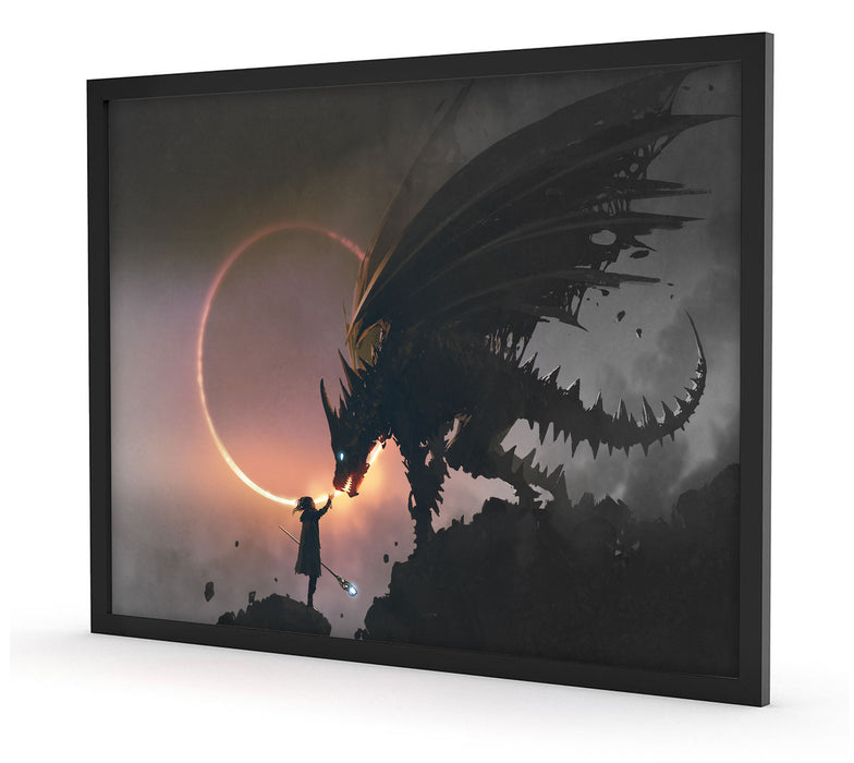 Pixxprint Zauberer und Drache bei Sonnenfinsternis B&W Detail, Poster mit Bilderrahmen Limitierter Zeitrabatt