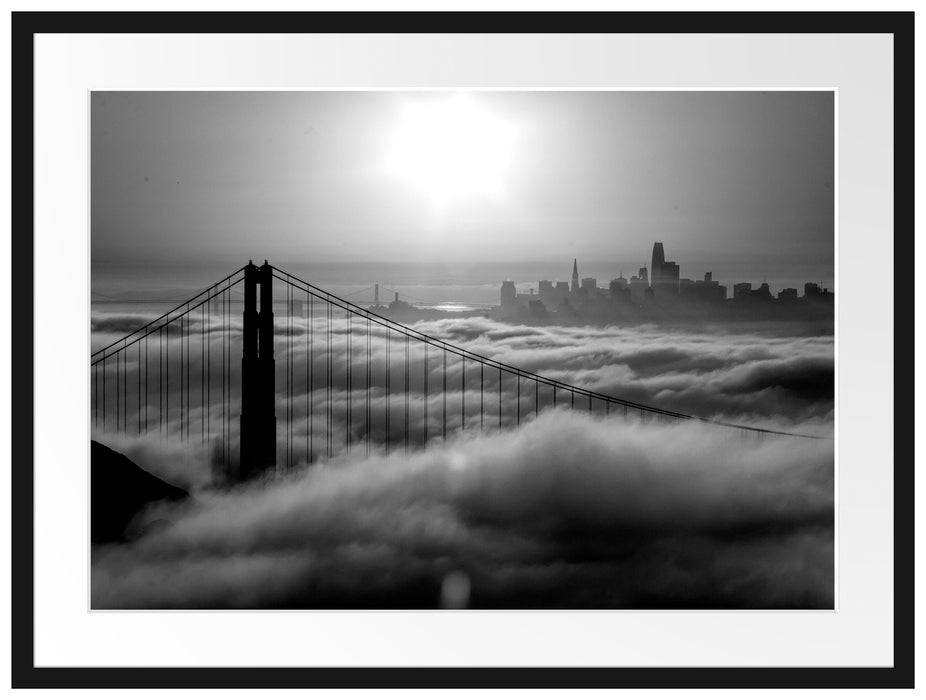 Pixxprint Golden Gate Bridge im Sonnenaufgang, Monochrome, im Galerie-Passepartout Bilderrahmen Black Friday