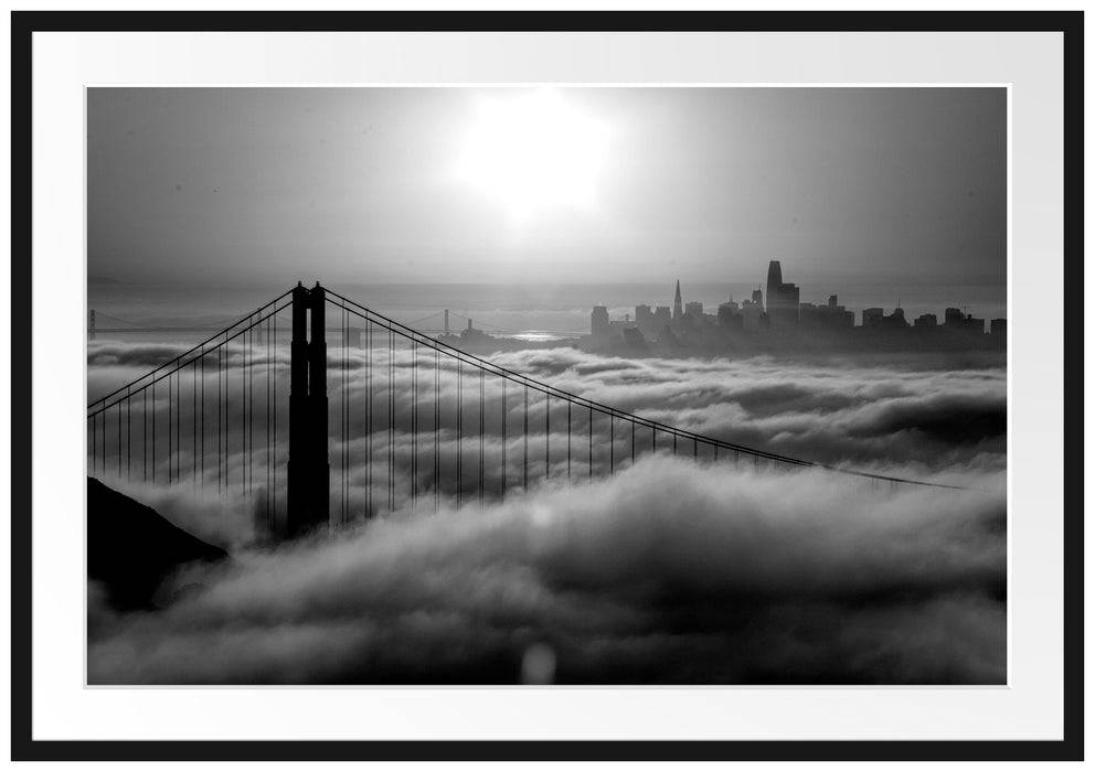 Pixxprint Golden Gate Bridge im Sonnenaufgang, Monochrome, im Galerie-Passepartout Bilderrahmen Black Friday