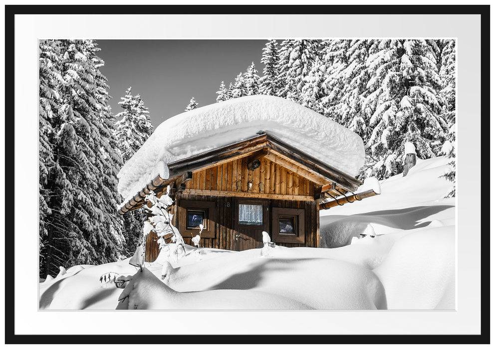 Pixxprint Verschneite Skihütte in Alpenwald B&W Detail, im Galerie-Passepartout Bilderrahmen Große Rabatte
