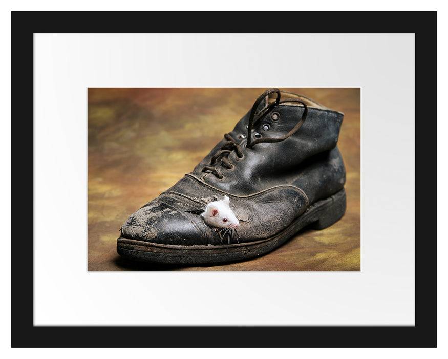 Pixxprint Maus in schwarzem Schuh, im Galerie-Passepartout Bilderrahmen Kauf eins, bekomm eins gratis
