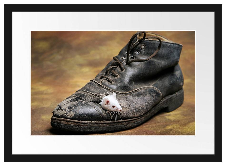 Pixxprint Maus in schwarzem Schuh, im Galerie-Passepartout Bilderrahmen Kauf eins, bekomm eins gratis