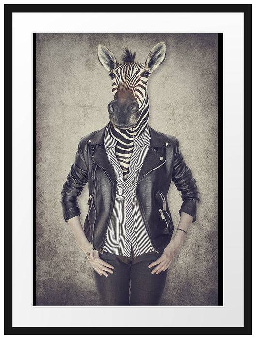 Pixxprint Zebrakopf Menschenkörper mit Lederjacke, im Galerie-Passepartout Bilderrahmen Kostenlose Rückgabe