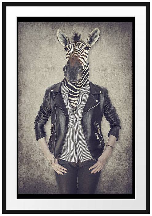 Pixxprint Zebrakopf Menschenkörper mit Lederjacke, im Galerie-Passepartout Bilderrahmen Kostenlose Rückgabe