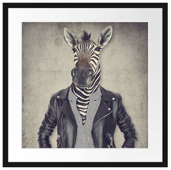 Pixxprint Zebrakopf Menschenkörper mit Lederjacke, im Galerie-Passepartout Bilderrahmen Kostenlose Rückgabe