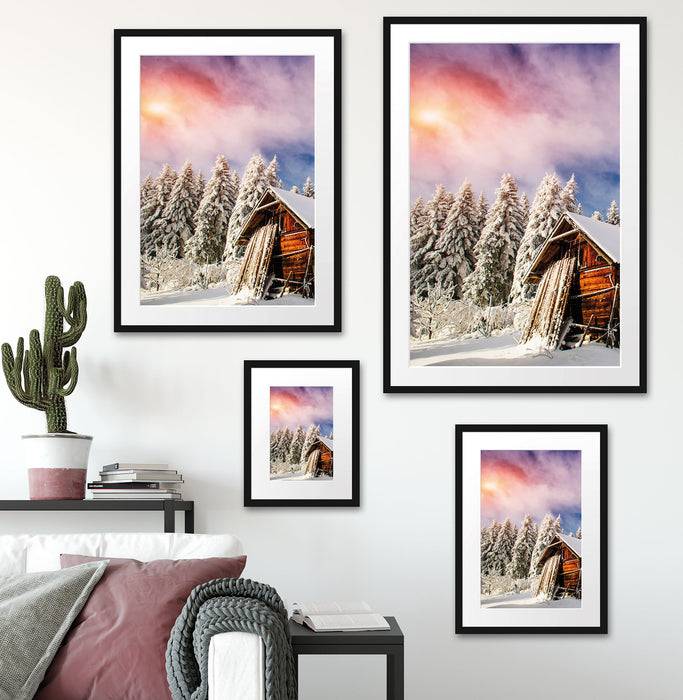 Pixxprint Holzhütte im Schnee, im Galerie-Passepartout Bilderrahmen Bis zu 50% Rabatt