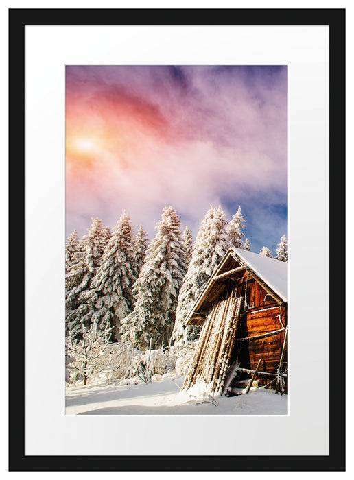 Pixxprint Holzhütte im Schnee, im Galerie-Passepartout Bilderrahmen Bis zu 50% Rabatt
