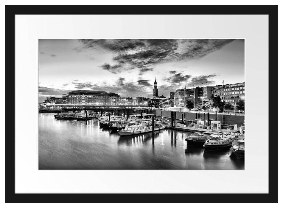 Pixxprint Hamburger Hafen am Abend, im Galerie-Passepartout Bilderrahmen Riesige Rabatte